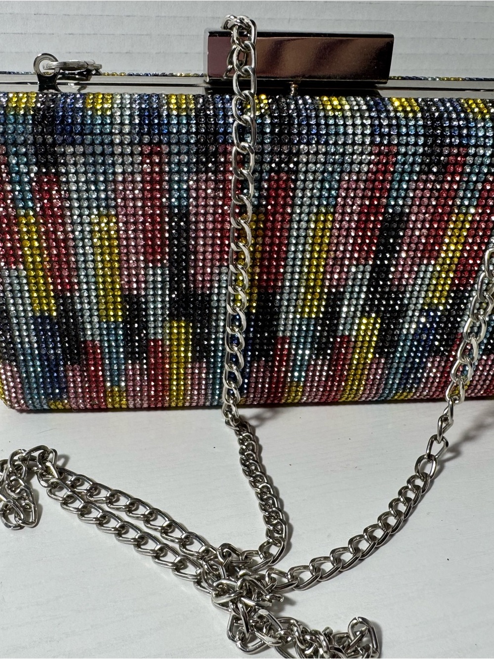 Nina Multicolor Crystal Embellished Clutch with Silver Chain